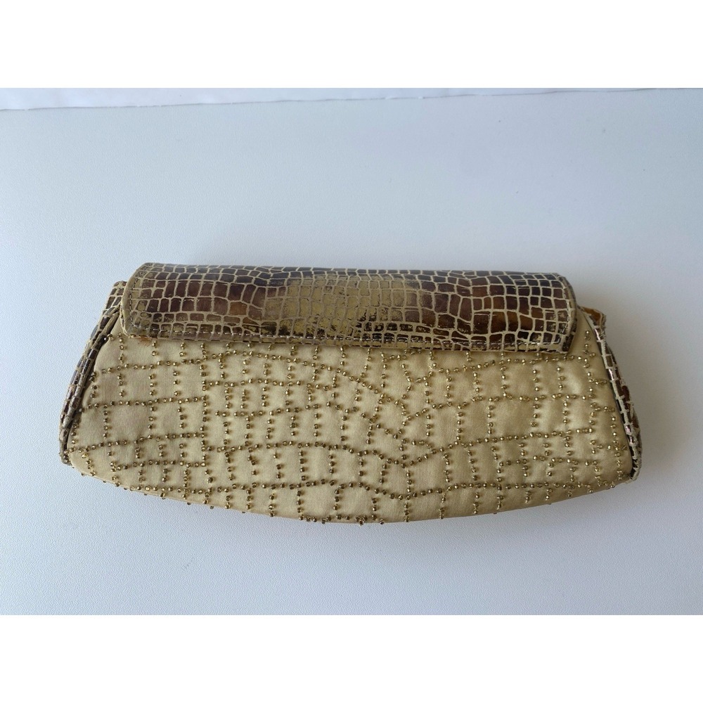 VTG Inge Christopher Vintage Evening Bag Beaded Gold Metallic Croc Clutch Strap - Picture 2 of 12